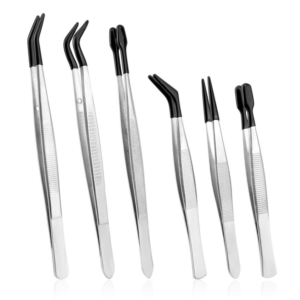 6Pcs Rubber Tip Tweezers Set, Stainless Steel Long Precision Tweezers Fine Point Flat & Bent Tipped Tweezer For Crafts Jewelry Making Sewing Plastic 5051226982644