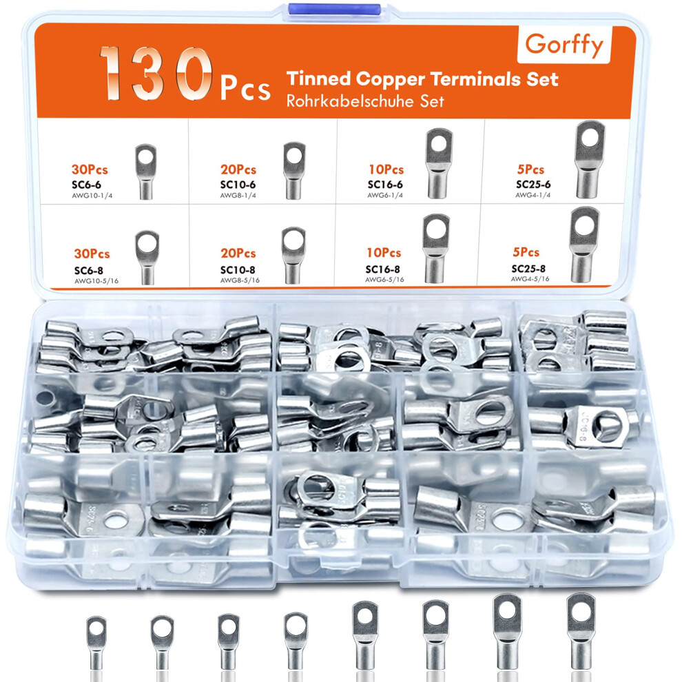 Gorffy Battery Terminal Connectors 130 Pcs, Battery Terminals Tinned Copper, Cable Lugs Bolt Hole, Crimp Battery Cable Connectors For Electric, Auto 5051226906626