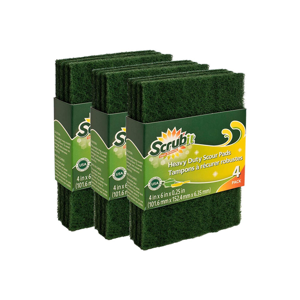 Scrubit Scouring Pads - Heavy Duty Household Cleaning Scrubber With Non-Scratch Anti-Grease Technology - Reusable - 4 Pack (X3) Total 12 Pads Green 5051227001597