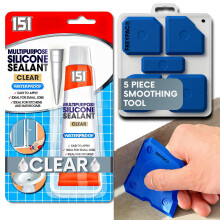 151 Clear Waterproof Silicone Sealant with 5 Piece Sealant Smoothing Tool Finishing Kit, Perfect for the Bath, Shower, Tiles, Aquariam Repairs, 70g