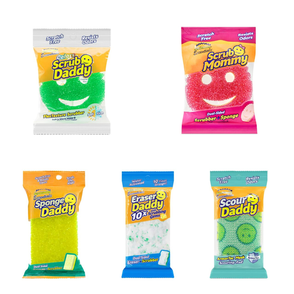 Scrub Daddy Essentials Complete Bundle With Scrub Mommy, Scour Daddy, Sponge Daddy & Eraser Daddy, Smiley Face Sponges For Cleaning & Washing Up 5051227001740
