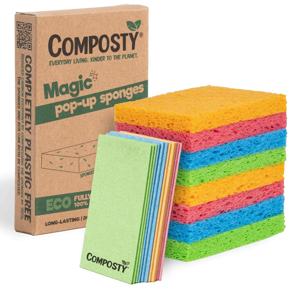 Composty Pop-Up Sponges 12 Pack | Eco Sponges Washing Up | Compostable Kitchen Sponge | Plastic Free, Non-Scratch | Reusable Cellulose Pads | Multiuse, Washab