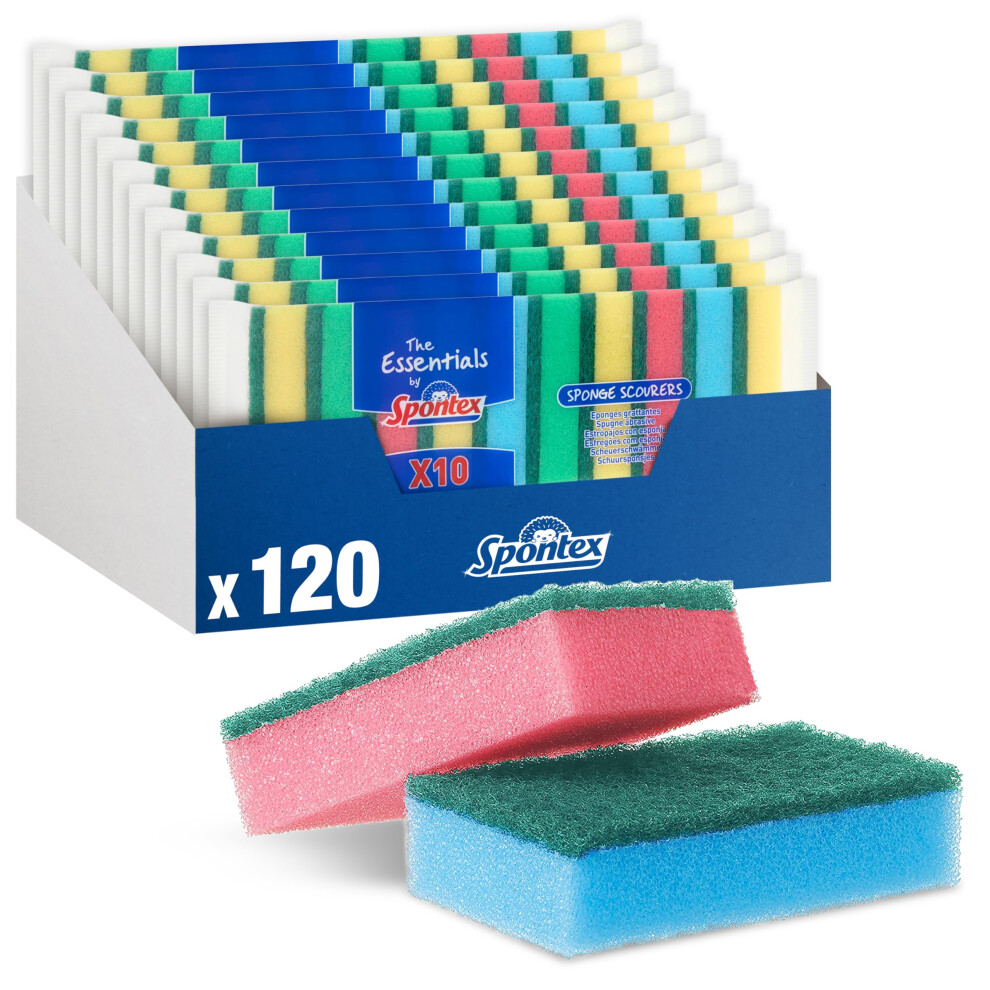 Spontex The Essentials Washing Up Sponge Scourers | Hard Wearing & Versatile | Assorted Colours | 12 X 10 Pack (120 Total) 5051227001924