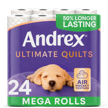 Andrex Ultimate Quilts Toilet Roll - 24 Mega Toilet Rolls (=36 Standard Toilet Rolls), 3-Ply, Bulk Buy, Soft, Thick Sheets, FSC Certified