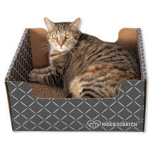 Hide & Scratch Cardboard Cat Scratcher Box & Bed - Dark Grey Diamond | Double-Sided Corrugated Pad for Indoor Cats | Refillable Scratching Board Toy
