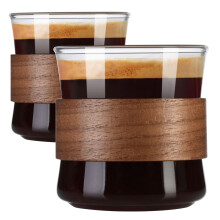 ParaCity Espresso Cups Set of 2 with Wooden Ring, High Borosilicate Espresso Shot Glass, Clear Small Expresso Shots Cup, Espresso Accessories (Large)