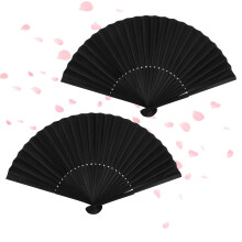 Folding Fans, 2Pcs Handheld Fan Fabric Manual Fan Chinese Fans with Tassel for Birthday Gifts Dancing Cosplay (B Black Without cutouts)