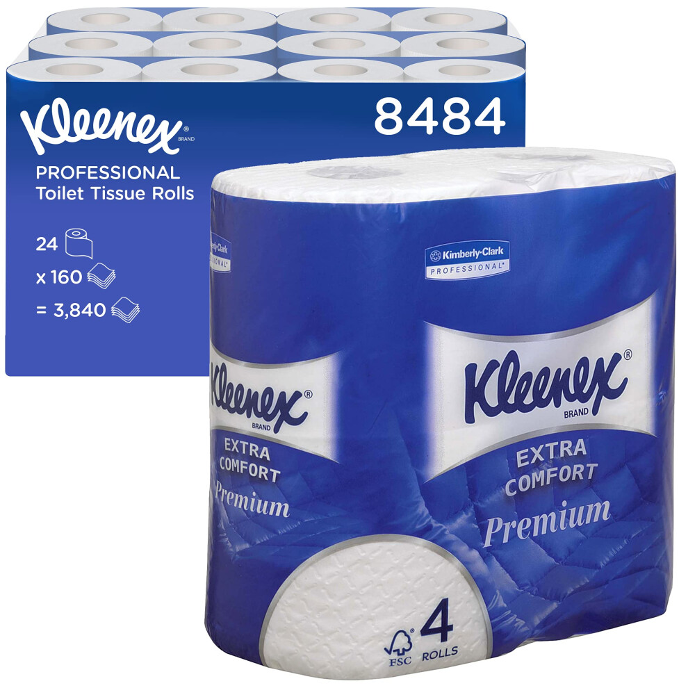 Kleenex Toilet Roll, 4-Ply Premium Quilted Toilet Paper, Soft, Flushable, Fsc Certified, Luxury Bathroom Tissue, 24 Rolls X 160 Sheets