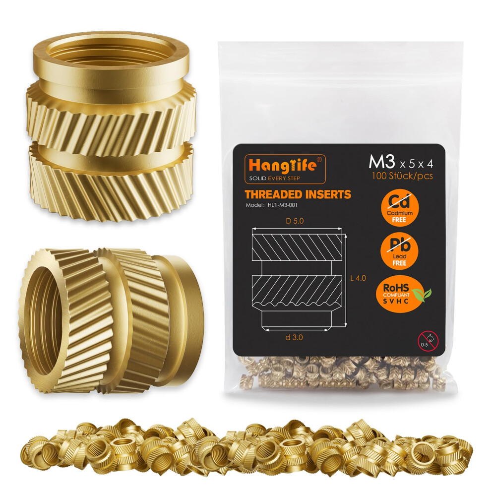 Hanglife Threaded Inserts For Plastic, M3 Heat Set Insert For 3D Printing Components And Plastic Parts - Brass Metric Knurled Nuts (100 Pieces) 5051226904783