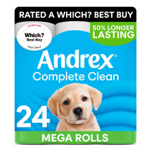 Andrex Complete Clean Toilet Roll - 24 Mega Toilet Rolls (=36 Standard Toilet Rolls), 3-Ply, Bulk Buy, Now Even Softer, FSC Certified