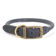 Ancol Timberwolf Bonded Thread Leather Round Dog Collar - Blue - Soft Leather Design with Antique Gold Buckle - Reduces Fur Flattening