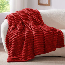 BEDELITE Fluffy Fleece Throw Blanket, Striped Decorative Soft Warm Gift for Sofa Bed Couch, Throw Size, Burgundy Red