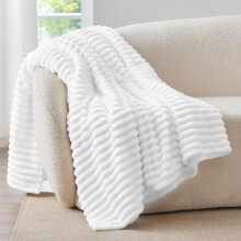 BEDELITE Fluffy Fleece Throw Blanket, Striped Decorative Soft Warm Gift for Sofa Bed Couch, Throw Size, Bright White