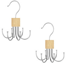 Belt & Tie Hanger Closet Organizer with 6 Rotating Hooks – Space-Saving Clothes Rack for Belts, Ties, Scarves, Hats (Wood color2pcs)