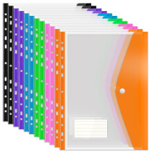 Punched Pockets Plastic Wallets, 12Pcs A4 File Folders for Document Paperwork Clear Assorted Coloured Envelope with Label Pocket Snap Button Ring