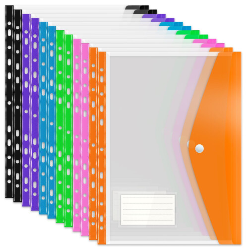 Punched Pockets Plastic Wallets, 12Pcs A4 File Folders for Document Paperwork Clear Assorted Coloured Envelope with Label Pocket Snap Button Ring
