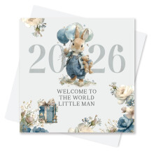 Born In 2026 Card for Baby Boy - Welcome To The World Little Man Greeting Card for Newborn (Rabbit Card - 2026, Blue)