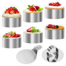 6 PCS Ø 8 cm Cake Rings, Stainless Steel Mousse Ring, 84 cm Pastry Rings, Crumpet Rings Non Stick with Cake Press & Lifter
