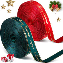 2 Roll 20 Yard Christmas Ribbon for Gift Wrapping, Red Green Xmas Satin Ribbon 10 mm x 10 Yard Each, Gold Trim Merry Christmas Decor for Crafting