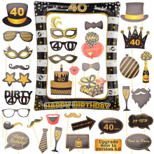 AIBAOBAO 35Pcs 40th Birthday Decorations Men Women, Black Gold Inflatable Selfie Frame & Photo Booth Props
