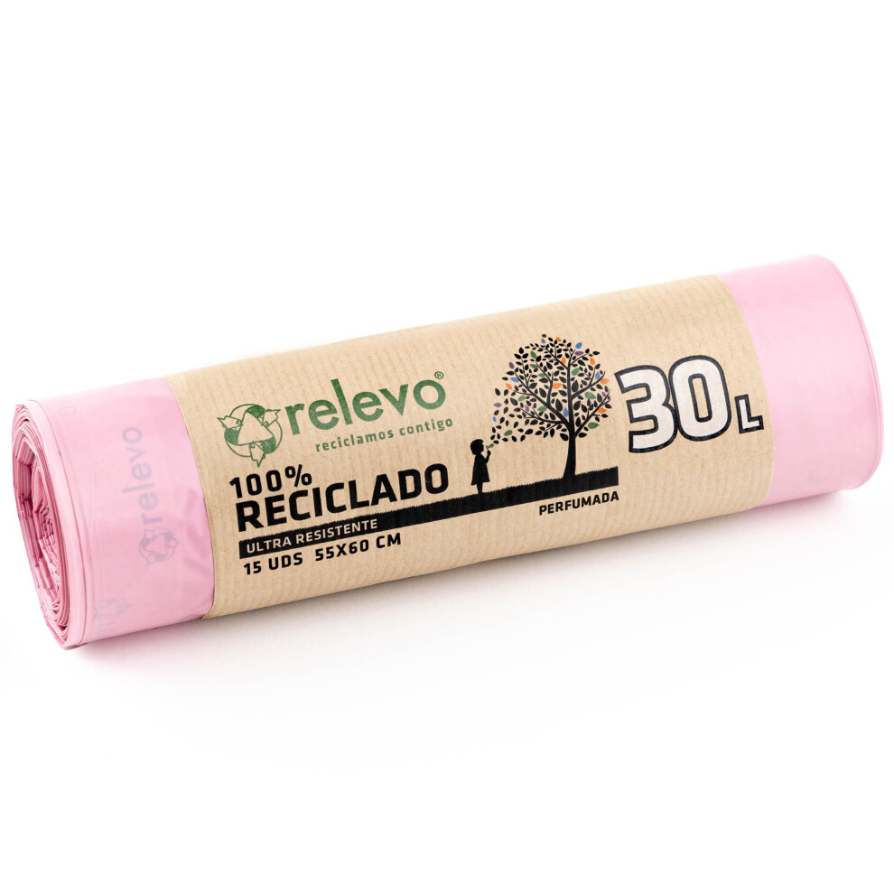 Relevo Pink 30 Litre Scented Bin Liners Â Bin Bags. Made From 100% Recycled Material. Dimensions: 55 Cm X 60 Cm. Includes 15 Units
