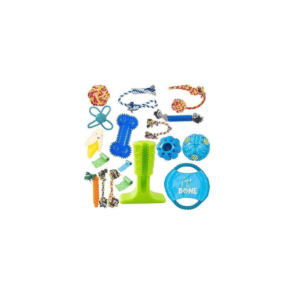 Fur & Bone Dog Chew Toys (18-Pack) - Puppy Toys For Boredom - Indestructible Rope & Squeaky Teething Toys For Small & Medium Dogs