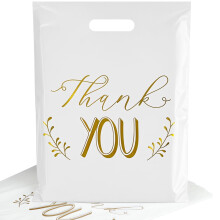 POPGIFTU Thank You Plastic Carrier Bags - 30x38cm Reusable White Retail Shopping Bags with Handles, 100 Pack - Perfect for Boutique, Clothing Stores