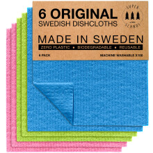 SUPERSCANDI 6 Pack Reusable Cleaning Cloths - 100% Biodegradable & Compostable | Washable Swedish Dishcloth - Food-Safe & Plastic-Free