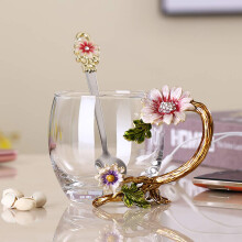 PPEA Enamel Sunflower Crystal Lead-Free Glass Tea Cup with Spoon Set, Present for The Christmas, Valentine's Day.Best Present for Mother, Grandma