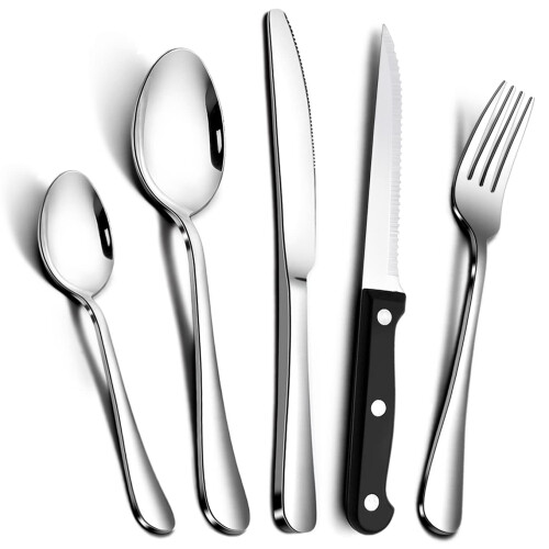 RayPard Silver 30-Piece Stainless-Steel Cutlery Set with Steak Knives Service for 6, Flatware Set for Home Restaurant