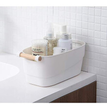 RyddeligHome Bathroom Storage Basket Organiser, 5L White Plastic Caddy for Toiletries, Small Stackable Container Box for Under Sink Cabinet Cupboard