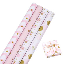 4 Roll Gift Wrapping Paper 43cm 3m Pink Birthday Wrapping Paper Roll, Girls Wrapping Paper for Birthday, Baby Shower, Party