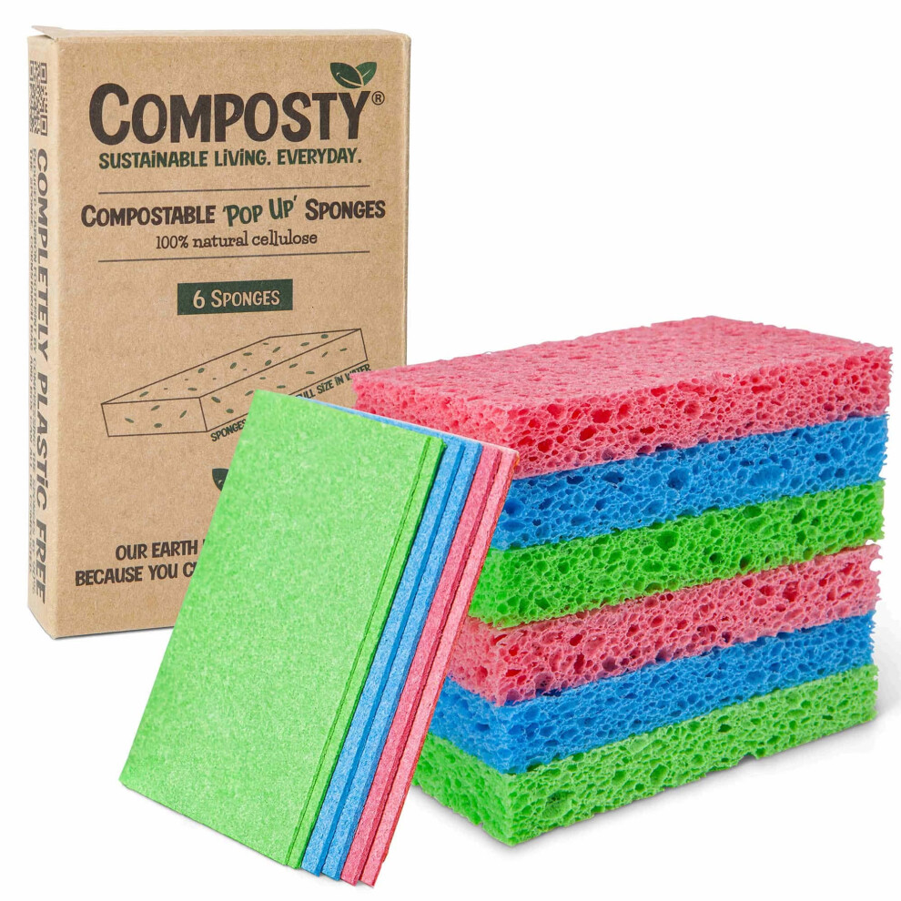 Eco Sponges Washing Up | Composty Pop-Up Sponges 6 Pack | Compostable Kitchen Sponge | Plastic Free | Reusable Non-Scratch Cellulose Pads 5051227116161