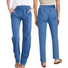 Linen Cotton Pants For Women Loose Elastic Waist Casual-Blue S