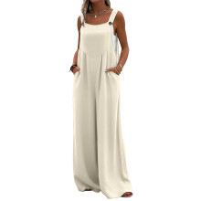 Women's Wide Leg Sleeveless Strappy Jumpsuit Loose Fit-Beige M