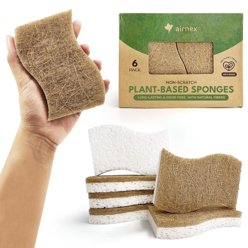 Airnex Biodegradable Natural Sponge Pack Of 6 - Cellulose And Coconut Cleaning Sponges Scrubbers For Washing Up 5051227060419