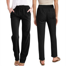 Linen Cotton Pants For Women Loose Elastic Waist-Black XXL