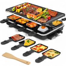 LeuKoles Raclette Grill, Raclette for 8 People, 1300W Electric Grill with 1 Reversible Non-stick Grill Pan & 8 Mini Raclette Cheese Pans & 1 Wooden