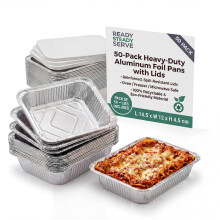 ReadySteadyServe Pack of 50 Aluminium Tin Foil Food Trays with Lids | No.2 | Silver Takeout Container Pans 145 x 120 x 45 mm Takeaway, Sides, BBQ