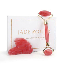 (Gold set with box) Facial Skin Care Tools Red Crystal Jade Roller Scraping Plate Facial Beauty Jade Roller Crystal Scraping Plate Massage Set