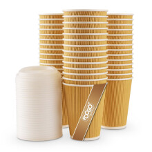 FOOGO Green 25pcs 12oz Disposable Strong Triple-Wall Brown Paper Coffee Cups with Secure Lids, FSC Certified, Fully Compostable, for Hot Drinks