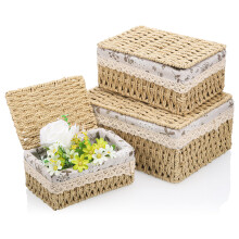 3pcs Woven Storage Baskets with Lids, Decorative Storage Boxes, Space-Saving Wicker Basket for Shelves, Paper Rope Basket Bedroom Storage Solutions