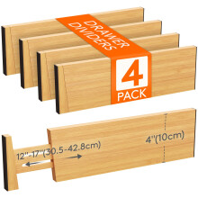 Lifewit 4" High 4 Pack Bamboo Drawer Dividers 31-40cm/12-16 Adjustable Wooden Drawer Organiser for Clothes, Expandable Kitchen Drawer Dviders