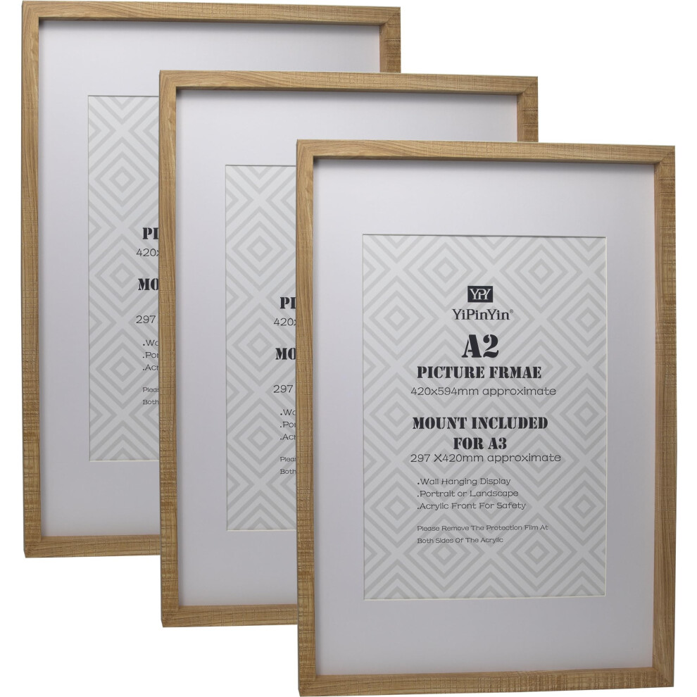Natural Wood Effect A2(42X59.4cm) Boxed Picture Frames Set Of 3 With Mounts For A3(29.7X42cm) 5051227039941