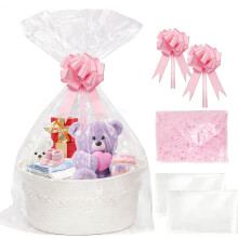 SelfTek Gift Basket Hamper Kit - Hamper Baskets for Gifts Empty with White Rope Basket, Cellophane Wrap