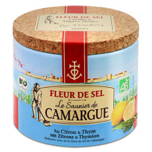 Le Saunier De Camargue Salt, Fleur de Sel, Lemon and Thyme Salt Flakes for Seasoning, Round Box, 125g