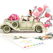 Just Married 3D Pop Up Wedding Card, Vintage Car with Floral Watercolor Cover, Romantic Greeting Card for Bride and Groom, Engagement, Bridal Shower