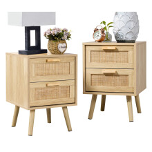 Finnhomy Bedside Tables Set of 2, Side Table with 2 Hand Made Rattan Decorated Drawers, Night Stand Set 2, Wood Nigntstand