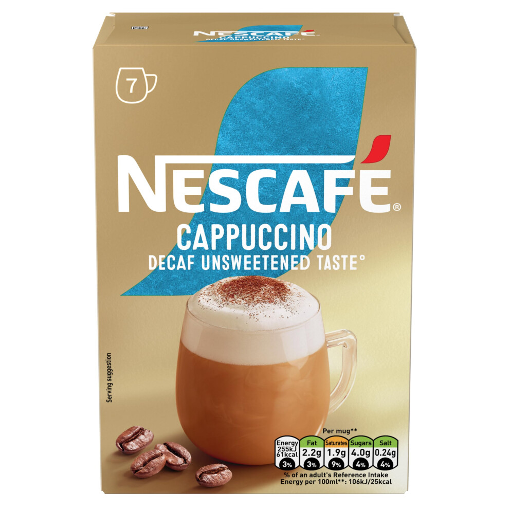 Nescafe Nescafé Cappuccino Decaf Instant Coffee 7 Sachets, 100Percent Responsibly Sourced Coffee Pack Of 1