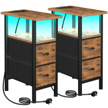 LOAKEKEL Slim Bedside Table Set of 2, Narrow Side Table with Charging Station, Sofa Table with LED Lights, End Table with 2 Fabric Drawers